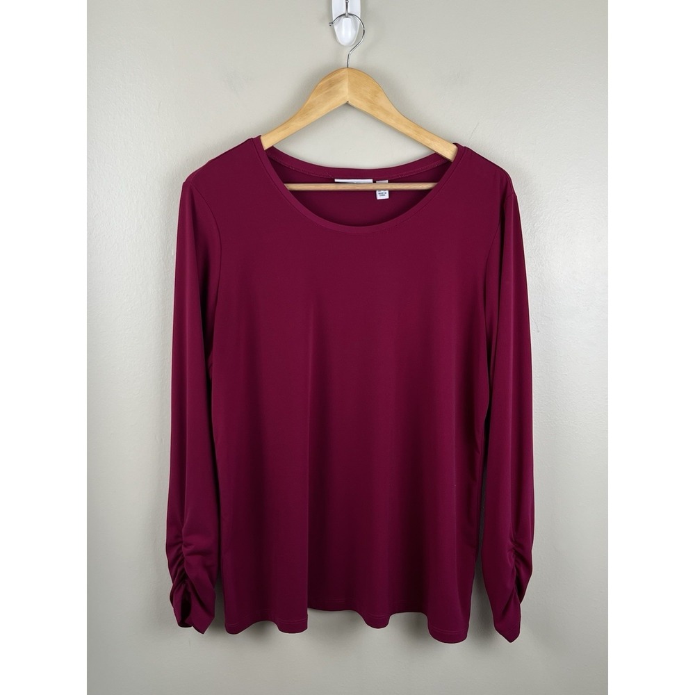 Susan Graver Womens Liquid Knit Fuschia Modern Office Sz Lg Ruched Sleeve